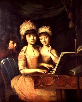 Retrato de los hijos del gobernador de Honduras, dos niñas y un niño en un espineta de John Francis Rigaud