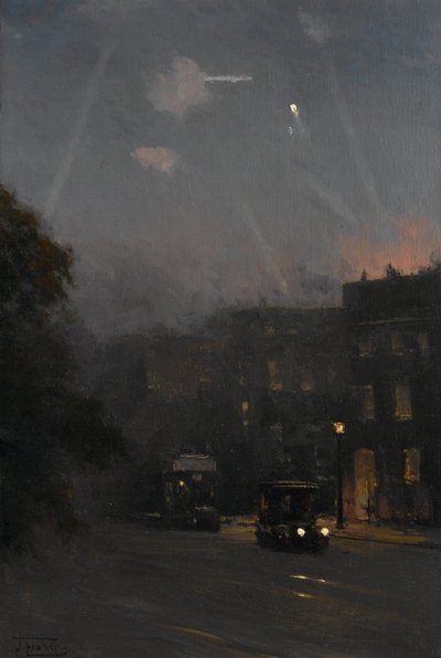 Un ataque de Zeppelin, 8 de octubre de 1915, c.1915-18 (óleo sobre lienzo) de John Fraser