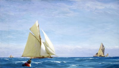 Un gran velero y una barcaza en el Támesis, frente a la costa de un puerto. Óleo sobre lienzo, hacia 1910, de John Fraser (1858-1927). de John Fraser