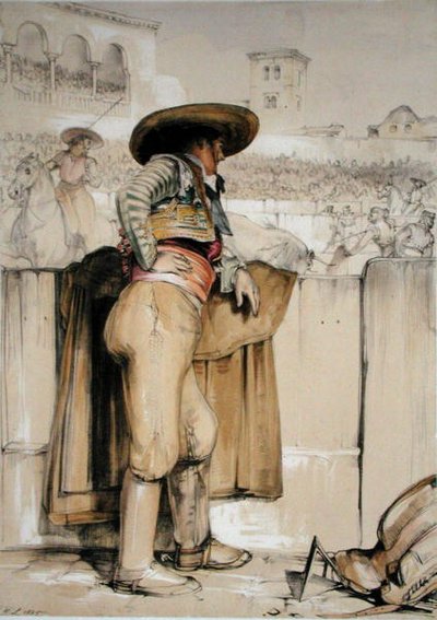 Un torero observa desde detrás de la barricada, de 