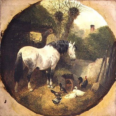 Un caballo de tiro comiendo heno de una carretilla en un corral de John Frederick Herring Senior