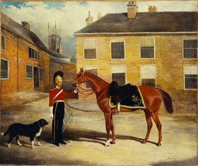 Un oficial de los Dragones, Carabineros con su montura en el patio del cuartel, 1839 de John Frederick Herring Senior