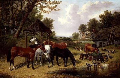 Caballos junto a un estanque en una granja de John Frederick Herring Senior