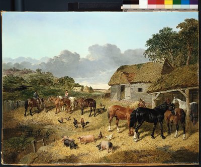 Caballos bebiendo de un abrevadero, con cerdos y gallinas en un corral de John Frederick Herring Junior