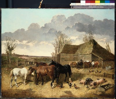 Caballos comiendo de un pesebre, con cerdos y gallinas en un corral de John Frederick Herring Junior