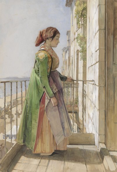 Una chica griega de pie en un balcón, c.1840 de John Frederick Lewis