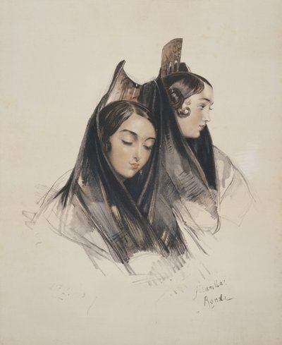 Chicas de la Ronda, Andalucía, lámina 11 de Sketches of Spain, grabado por Charles Joseph Hullmandel (1789-1850) publicado en 1836 de John Frederick Lewis