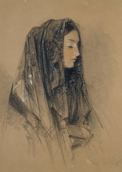 Cabeza de una chica italiana en una mantilla, 1838 de John Frederick Lewis