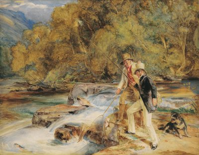 Sir Edwin Landseer, R.A. con un ghillie pescando salmón, posiblemente en el río Dart, cerca de Holne, Devon de John Frederick Lewis