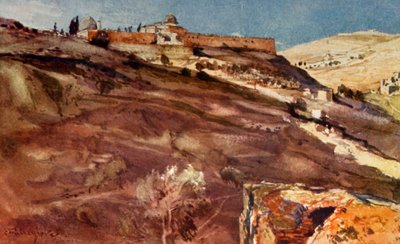 Jerusalén. - Muro sur del área del templo, desde el Valle de Hinnom, al atardecer, 1902 de John Fulleylove
