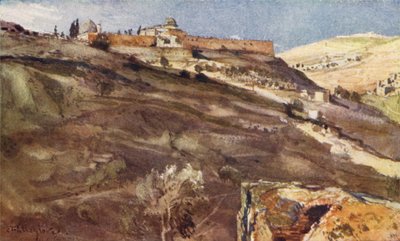 Jerusalén, muro sur del área del Templo, desde el Valle de Hinom, al atardecer de John Fulleylove