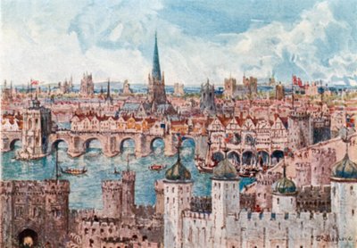 Old London Bridge en 1386 (litografía en color) de John Fulleylove