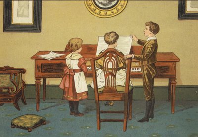 Niños ensayando al piano (litografía en color) de John George (after) Sowerby
