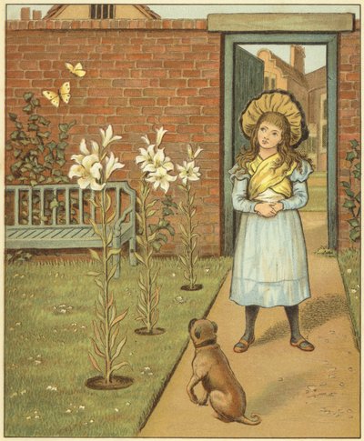 Niña en un jardín amurallado, junto a lirios y su perro (litografía en color) de John George (after) Sowerby