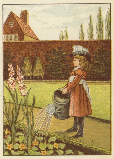 Niña regando el jardín (litografía en color) de John George (after) Sowerby