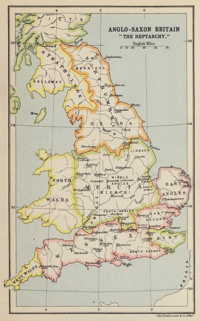 Gran Bretaña anglosajona, "La Heptarquía" (litografía) de John George Bartholomew