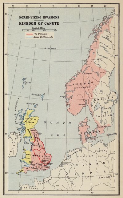Invasiones nórdico-vikingas, Reino de Canuto (litografía) de John George Bartholomew