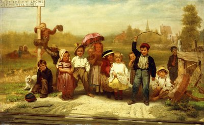 Cuidado con la locomotora mientras suena la campana, 1863 de John George Brown