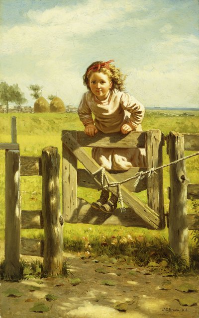 Joven niña columpiándose en una puerta de John George Brown