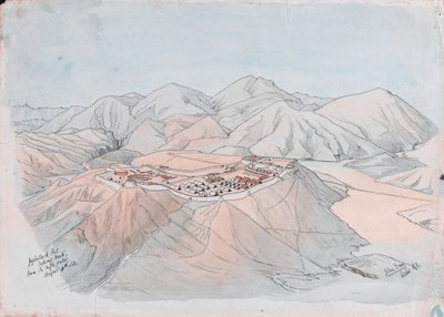 Jugdullack Post mirando al norte desde el piquete alto 9 de agosto de 1880 (pluma y tinta y acuarela) de John George Day