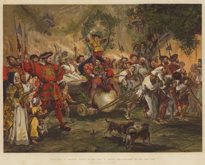 Navidad en el Castillo de Windsor en la época de Enrique VIII, trayendo el tronco de Yule de John Gilbert