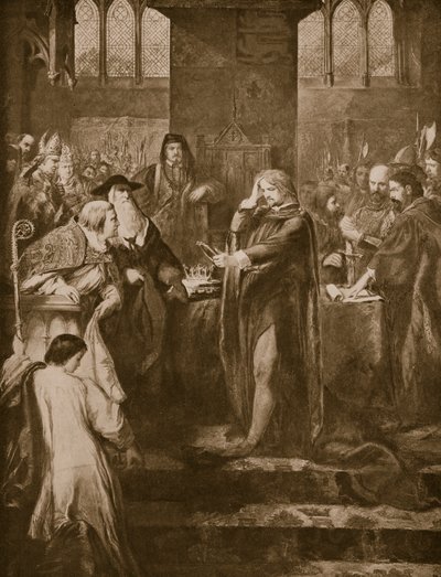 El rey Ricardo II renunciando a la corona a su primo Bolingbroke, ilustración de 