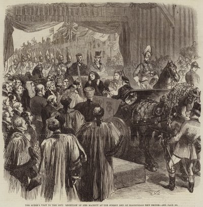La visita de la reina a la ciudad, recepción de Su Majestad en el extremo de Surrey del nuevo puente de Blackfriars de John Gilbert