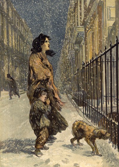 Los pobres sin hogar, madre e hijo con perro en la nieve de John Gilbert