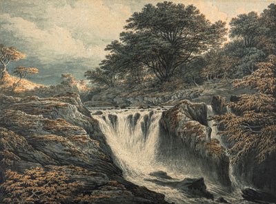 Una cascada al atardecer (acuarela) de John Glover