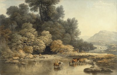 Paisaje montañoso con río y ganado, c.1810 de John Glover