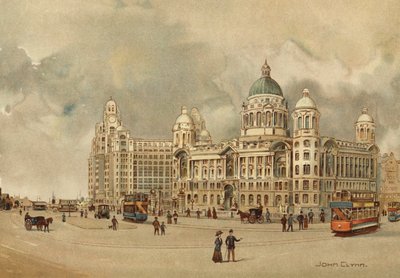 Liverpool: Oficinas de Mersey Docks and Harbour Board, The Liver Building, etc., aproximación al embarcadero (litografia en color) de John Glynn