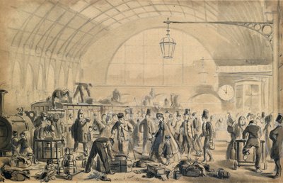 Nochebuena en la estación de Kings Cross, c.1870-90 (pluma y aguada sobre papel) de John Gordon Thomson
