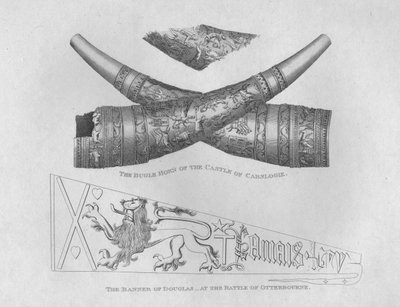 El cuerno de caza del Castillo de Carslogie y la bandera de Douglas en la Batalla de Otterbourne de John Greig