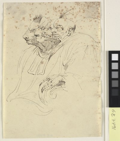 Caricatura de cuatro cabezas bestiales de perfil de John Hamilton Mortimer