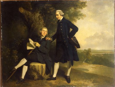Doble Retrato de Thomas Somers Cocks y Richard Cocks de Castleditch, Ambos de Cuerpo Entero, el Primero con un Abrigo y Chaleco Azul Sosteniendo un Tricornio Negro, el Segundo Sentado con un Abrigo y Chaleco Azul Sosteniendo un Manuscrito, en un Paisaje de John Hamilton Mortimer