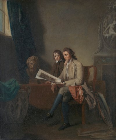 Retrato de un hombre y un niño mirando grabados de John Hamilton Mortimer