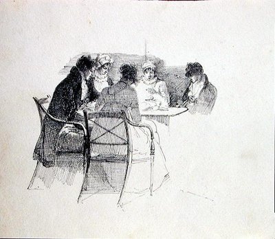 Grupo reunido alrededor de una mesa de John Harden