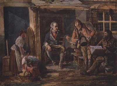 Grupo incluyendo un soldado fuera de la puerta de una cabaña de John Harden