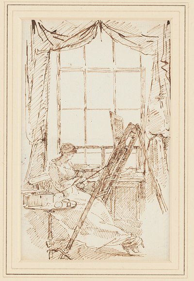 Jessy en su caballete (tinta y pluma sobre papel) de John Harden