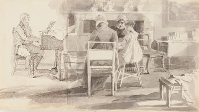 Hombre al piano con tres personas sentadas de John Harden
