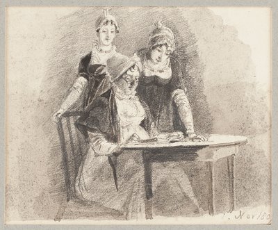 Tres en una mesa, uno sentado, 1807 de John Harden