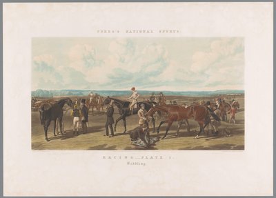 Los caballos están ensillados para la carrera. Carreras - Placa 1. Silla de montar (título sobre objeto) Deportes nacionales de Fores (título de la serie) Deportes nacionales de Fore (título de la serie) de John Harris