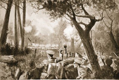 El cabo de lanza Barker asistiendo a un grupo, reunido por él, para abrir una trinchera de comunicación bajo intenso fuego de artillería y ametralladoras de John Harris Valda