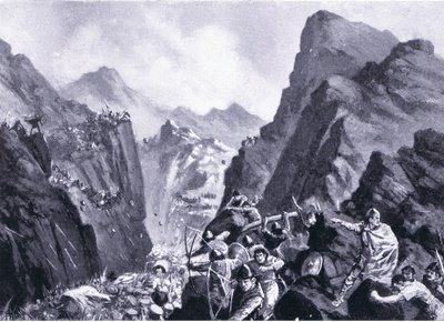 Aniquilación del ejército griego, ilustración de Historia de las Naciones de Hutchinson VOL 4 c.1920s de John Harris Valda