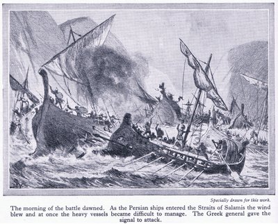 Batalla de Salamina: Cuando los barcos persas entraron en los estrechos de Salamina, el viento sopló y se volvieron difíciles de manejar, c.1950 de John Harris Valda