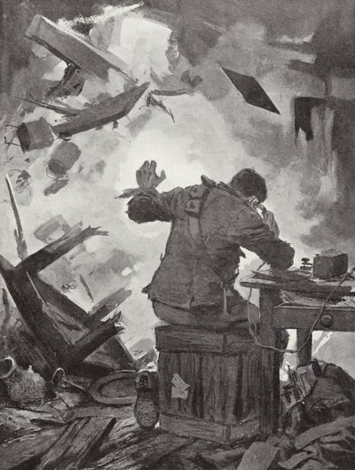 Bombardero W H French terminando su mensaje después de que una bomba atravesara la habitación en la que estaba telefoneando, Helpegarde, Primera Guerra Mundial de John Harris Valda