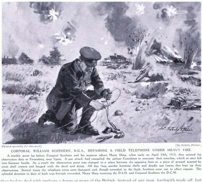 El cabo William Scothern RGA reparando un teléfono de campo bajo fuego intenso fue galardonado con la DCM en Ypres, mayo 1915 de John Harris Valda