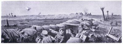 Ataque de gas en las trincheras de los 2º Fusileros de Lancashire en el que el soldado Lyn perdió la vida pero ganó la VC. Ypres abril 1915 de John Harris Valda
