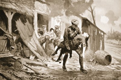 Artillero Rafferty llevando a una mujer herida a un lugar seguro desde una granja que estaba siendo bombardeada de John Harris Valda