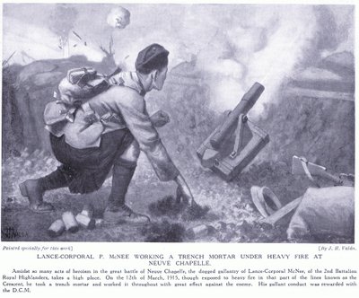 Cabo P McNee trabajando un mortero de trinchera bajo fuego intenso en Neuve Chapelle de John Harris Valda